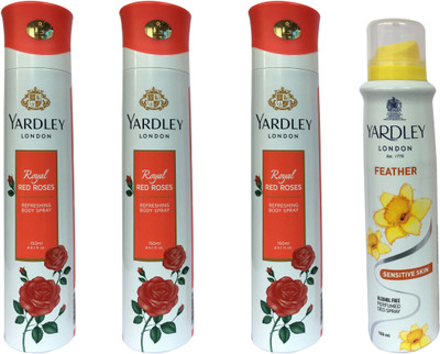Yardley London Royal Red Roses and Feather (pack of 4) Body Spray - For Women(150 ml, Pack of 4)
Yardley London Royal Red Roses and Feather (pack of 4) Body Spray - For Women(150 ml, Pack of 4)