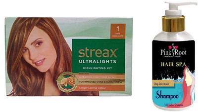 Pink Root Hair Spa Shampoo with Streax Ultralights 1 Soft Highlights Highlightings Kit(Set of 2)