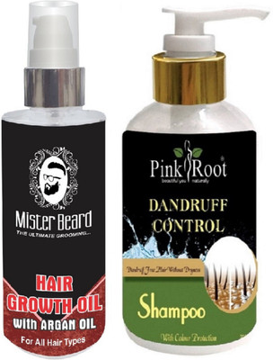 Mister Beard Hair Regrowth Argan Oil With Pink Root Dandruff Control Shampoo(Set of 2)