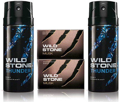 Wild Stone 2 Thunder Deodorant and 2 Musk 75gm Soap(Set of 4)