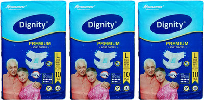 ROMSONS DIGNITY PREMIUM ADULT DIAPERS, SIZE LARGE, 10 Pcs. PACK, COMBO OF 3 PACKS, FOR WAIST SIZE 38"-54" INCHES, TOTAL 30 DIAPERS Adult Diapers - L(30 Pieces)
ROMSONS DIGNITY PREMIUM ADULT DIAPERS, SIZE LARGE, 10 Pcs. PACK, COMBO OF 3 PACKS, FOR WAIST SIZE 38"-54" INCHES, TOTAL 30 DIAPERS Adult Diapers - L(30 Pieces)