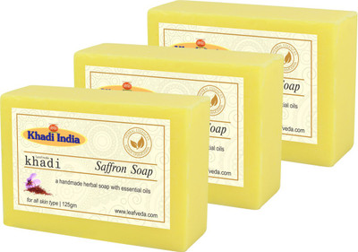 LEAFVEDA Khadi Saffron Soap 125gm Pack of 3(375 g, Pack of 3)