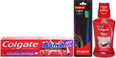Colgate Combo 1 Max Fresh Tooth Paste ,1 Neo Tooth Brush,1 Plax Spicy Fresh Mouth Wash(Set of 3)
Colgate Combo 1 Max Fresh Tooth Paste ,1 Neo Tooth Brush,1 Plax Spicy Fresh Mouth Wash(Set of 3)