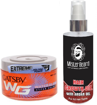 MISTER BEARD ARGAN HAIR OIL WITH GATSBY EXTREME LEVEL 7 WATER GLOSS HYPER SOLID GEL(Set of 2)
