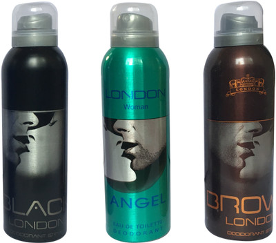 LONDON BLACK , ANGEL , BROWN ( PACK OF 3) Deodorant Spray - For Men & Women(200 ml, Pack of 3)
LONDON BLACK , ANGEL , BROWN ( PACK OF 3) Deodorant Spray - For Men & Women(200 ml, Pack of 3)
