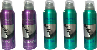 LONDON 2 PROMISE AND 3 ANGEL ( PACK OF 5) Deodorant Spray - For Women(200 ml, Pack of 5)
LONDON 2 PROMISE AND 3 ANGEL ( PACK OF 5) Deodorant Spray - For Women(200 ml, Pack of 5)