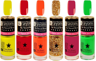 KRAYONS Gel Base Glossy Effect Nail Polish (SCARLET RED,SHIMMER GOLDEN,NEON ORANGE,SIGNAL RED,NEON YELLOW,NEON GREEN) Scarlet Red, Shimmer Golden, Neon Orange, Signal Red, Neon Yellow, Neon Green(Pack of 6)
KRAYONS Gel Base Glossy Effect Nail Polish (SCARLET RED,SHIMMER GOLDEN,NEON ORANGE,SIGNAL RED,NEON YELLOW,NEON GREEN) Scarlet Red, Shimmer Golden, Neon Orange, Signal Red, Neon Yellow, Neon Green(Pack of 6)
