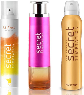 Secret Temptation Bohemia Day Edp (100 ml), Te Amo Breeze Perfume Body Spray For Women (120 ml) and Mystery Deodorant For Women (150 ml) Perfume - 370 ml(For Men & Women)
Secret Temptation Bohemia Day Edp (100 ml), Te Amo Breeze Perfume Body Spray For Women (120 ml) and Mystery Deodorant For Women (150 ml) Perfume - 370 ml(For Men & Women)