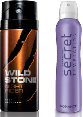 Secret Temptation Romance Deodorant For Women and Wild Stone Night Rider Deodorant for Men (150 ml each), Pack of 2 Perfume - 300 ml(For Men & Women)
Secret Temptation Romance Deodorant For Women and Wild Stone Night Rider Deodorant for Men (150 ml each), Pack of 2 Perfume - 300 ml(For Men & Women)