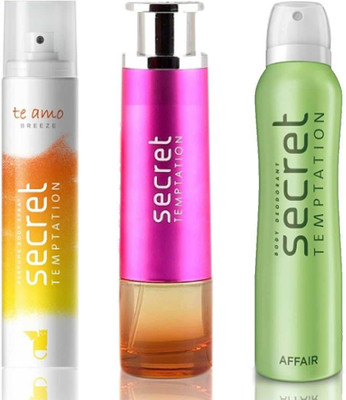 Secret Temptation Bohemia Day Edp (100 ml), Te Amo Breeze Perfume Body Spray For Women (120 ml) and Affair Deodorant For Women (150 ml) Perfume - 370 ml(For Men & Women)
Secret Temptation Bohemia Day Edp (100 ml), Te Amo Breeze Perfume Body Spray For Women (120 ml) and Affair Deodorant For Women (150 ml) Perfume - 370 ml(For Men & Women)