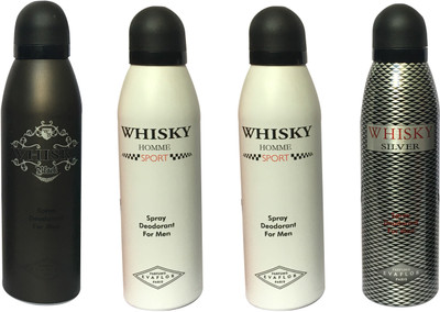 WHISKY 1 BLACK , 2 SPORT, 1 SILVER (PACK OF 4) Body Spray - For Men(200 ml, Pack of 4)
WHISKY 1 BLACK , 2 SPORT, 1 SILVER (PACK OF 4) Body Spray - For Men(200 ml, Pack of 4)