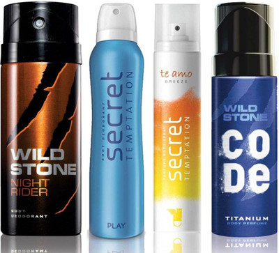 Wild Stone Night Rider Deodorant (150 ml), Code Titanium Body Perfume(120 ml) and Secret Temptation Play Deodorant (150 ml), Te Amo Breeze Body Perfume (120 ml), Pack of 4 Perfume Body Spray - For Men & Women(540 ml, Pack of 4)
Wild Stone Night Rider Deodorant (150 ml), Code Titanium Body Perfume(120 ml) and Secret Temptation Play Deodorant (150 ml), Te Amo Breeze Body Perfume (120 ml), Pack of 4 Perfume Body Spray - For Men & Women(540 ml, Pack of 4)