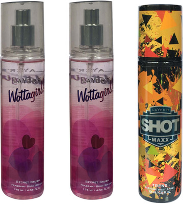 LAYER'R TREND AND SECRET CRUSH (PACK OF 3) Body Spray - For Men & Women(135 ml, Pack of 3)
LAYER'R TREND AND SECRET CRUSH (PACK OF 3) Body Spray - For Men & Women(135 ml, Pack of 3)