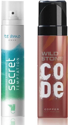 Secret Temptation Te Amo Aqua Perfume Body Spray For Women and Wild Stone Code Copper Perfume Body Spray (120 ml each) Pack of 2 Perfume - 240 ml(For Men & Women)
Secret Temptation Te Amo Aqua Perfume Body Spray For Women and Wild Stone Code Copper Perfume Body Spray (120 ml each) Pack of 2 Perfume - 240 ml(For Men & Women)