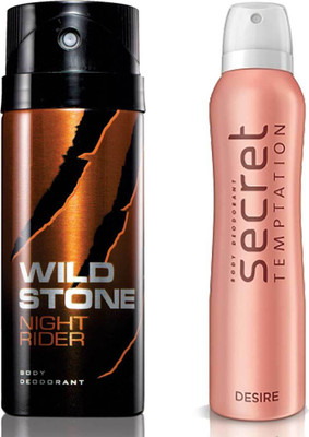 Secret Temptation Desire Deodorant For Women and Wild Stone Night Rider Deodorant for Men (150 ml each), Pack of 2 Perfume - 300 ml(For Men & Women)
Secret Temptation Desire Deodorant For Women and Wild Stone Night Rider Deodorant for Men (150 ml each), Pack of 2 Perfume - 300 ml(For Men & Women)