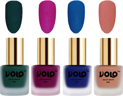 Volo Velvet Dull Matte Posh Shades Party Girl Range Nail Polish Sets Dark Green, Magenta, Blue, Light Peach(Pack of 4)