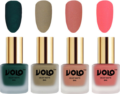 Volo Velvet Dull Matte Posh Shades Party Girl Range Nail Polish Sets Dark Green, Sand Nude, Light Peach, Dark Peach(Pack of 4)
Volo Velvet Dull Matte Posh Shades Party Girl Range Nail Polish Sets Dark Green, Sand Nude, Light Peach, Dark Peach(Pack of 4)