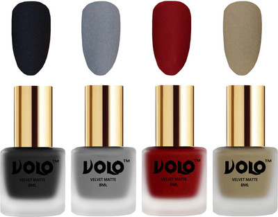Volo Velvet Dull Matte Posh Shades Party Girl Range Nail Polish Sets Black, Grey, Tomato Red, Sand Nude(Pack of 4)
Volo Velvet Dull Matte Posh Shades Party Girl Range Nail Polish Sets Black, Grey, Tomato Red, Sand Nude(Pack of 4)