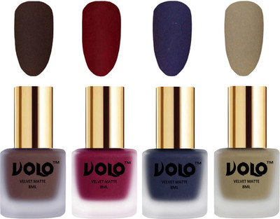 Volo Velvet Dull Matte Posh Shades Party Girl Range Nail Polish Sets Chocolate Brown, Carrot Red, Russian Navy Blue, Sand Nude(Pack of 4)
Volo Velvet Dull Matte Posh Shades Party Girl Range Nail Polish Sets Chocolate Brown, Carrot Red, Russian Navy Blue, Sand Nude(Pack of 4)