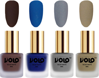 Volo Velvet Dull Matte Posh Shades Party Girl Range Nail Polish Sets Chocolate Brown, Blue, Grey, Sand Nude(Pack of 4)