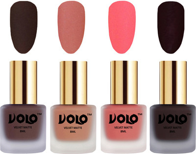 Volo Velvet Dull Matte Posh Shades Party Girl Range Nail Polish Sets Chocolate Brown, Light Peach, Dark Peach, Dark Wine(Pack of 4)
Volo Velvet Dull Matte Posh Shades Party Girl Range Nail Polish Sets Chocolate Brown, Light Peach, Dark Peach, Dark Wine(Pack of 4)