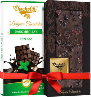 Chocholik Gift - 54% Intense Dark Mint Bar And 70% Dark Cranberry With Chocochip Belgium Chocolate Bar (100 gm x 2 Bars) Bars(Pack of 2, 100 g)
Chocholik Gift - 54% Intense Dark Mint Bar And 70% Dark Cranberry With Chocochip Belgium Chocolate Bar (100 gm x 2 Bars) Bars(Pack of 2, 100 g)