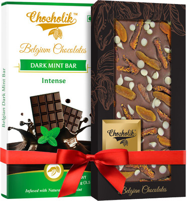 Chocholik Gift - 54% Intense Dark Mint Bar And 35% Milk Apricot, Fig With Choco Chips Belgium Chocolate Bar (100 gm x 2 Bars) Bars(Pack of 2, 100 g)
Chocholik Gift - 54% Intense Dark Mint Bar And 35% Milk Apricot, Fig With Choco Chips Belgium Chocolate Bar (100 gm x 2 Bars) Bars(Pack of 2, 100 g)
