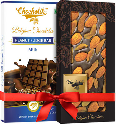 Chocholik Gift - 32% Milk Peanut Fudge Bar And 70% Dark Apricot, Almond Belgium Chocolate Bar (100 gm x 2 Bars) Bars(Pack of 2, 100 g)
Chocholik Gift - 32% Milk Peanut Fudge Bar And 70% Dark Apricot, Almond Belgium Chocolate Bar (100 gm x 2 Bars) Bars(Pack of 2, 100 g)