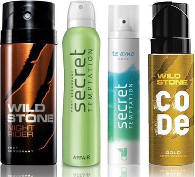 Wild Stone Night Rider Deodorant (150 ml), Code Gold Body Perfume(120 ml) and ST Affair Deodorant (150 ml), Te Amo Aqua Body Perfume (120 ml), Pack of 4 Perfume Body Spray - For Men & Women(540 ml, Pack of 4)
Wild Stone Night Rider Deodorant (150 ml), Code Gold Body Perfume(120 ml) and ST Affair Deodorant (150 ml), Te Amo Aqua Body Perfume (120 ml), Pack of 4 Perfume Body Spray - For Men & Women(540 ml, Pack of 4)
