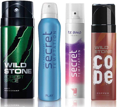 Wild Stone Forest Spice Deodorant (150 ml), Code Copper Perfume(120 ml) and ST Play Deodorant (150 ml), Te Amo Pearl Body Perfume (120 ml), Pack of 4 Perfume Body Spray - For Men & Women(540 ml, Pack of 4)
Wild Stone Forest Spice Deodorant (150 ml), Code Copper Perfume(120 ml) and ST Play Deodorant (150 ml), Te Amo Pearl Body Perfume (120 ml), Pack of 4 Perfume Body Spray - For Men & Women(540 ml, Pack of 4)