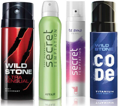 Wild Stone Ultra Sensual Deodorant (150 ml), Code Titanium Body Perfume(120 ml) and ST Affair Deodorant (150 ml), Te Amo Pearl Body Perfume (120 ml), Pack of 4 Perfume Body Spray - For Men & Women(540 ml, Pack of 4)
Wild Stone Ultra Sensual Deodorant (150 ml), Code Titanium Body Perfume(120 ml) and ST Affair Deodorant (150 ml), Te Amo Pearl Body Perfume (120 ml), Pack of 4 Perfume Body Spray - For Men & Women(540 ml, Pack of 4)