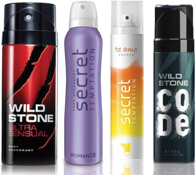 Wild Stone Ultra Sensual Deodorant (150 ml), Code Steel Body Perfume(120 ml) and ST Romance Deodorant (150 ml), Te Amo Breeze Body Perfume (120 ml), Pack of 4 Perfume Body Spray - For Men & Women(540 ml, Pack of 4)
Wild Stone Ultra Sensual Deodorant (150 ml), Code Steel Body Perfume(120 ml) and ST Romance Deodorant (150 ml), Te Amo Breeze Body Perfume (120 ml), Pack of 4 Perfume Body Spray - For Men & Women(540 ml, Pack of 4)