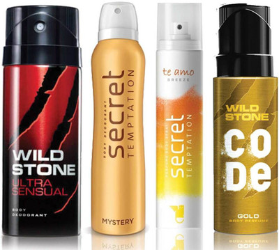 Wild Stone Ultra Sensual Deodorant (150 ml), Code Gold Body Perfume(120 ml) and ST Mystery Deodorant (150 ml), Te Amo Breeze Body Perfume (120 ml), Pack of 4 Perfume Body Spray - For Men & Women(540 ml, Pack of 4)
Wild Stone Ultra Sensual Deodorant (150 ml), Code Gold Body Perfume(120 ml) and ST Mystery Deodorant (150 ml), Te Amo Breeze Body Perfume (120 ml), Pack of 4 Perfume Body Spray - For Men & Women(540 ml, Pack of 4)