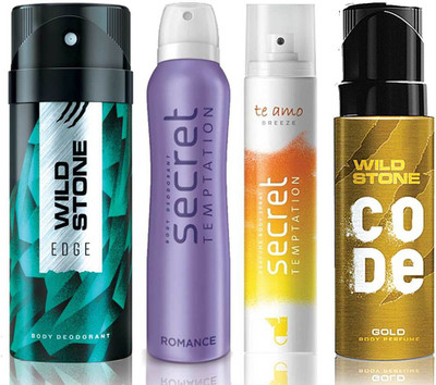 Wild Stone Edge Deodorant (150 ml), Code Gold Body Perfume(120 ml) and ST Romance Deodorant (150 ml), Te Amo Breeze Body Perfume (120 ml), Pack of 4 Perfume Body Spray - For Men & Women(540 ml, Pack of 4)
Wild Stone Edge Deodorant (150 ml), Code Gold Body Perfume(120 ml) and ST Romance Deodorant (150 ml), Te Amo Breeze Body Perfume (120 ml), Pack of 4 Perfume Body Spray - For Men & Women(540 ml, Pack of 4)