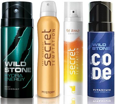 Wild Stone Hydra Energy Deodorant (150 ml), Code Titanium Body Perfume(120 ml) and ST Mystery Deodorant (150 ml), Te Amo Breeze Body Perfume (120 ml), Pack of 4 Perfume Body Spray - For Men & Women(540 ml, Pack of 4)
Wild Stone Hydra Energy Deodorant (150 ml), Code Titanium Body Perfume(120 ml) and ST Mystery Deodorant (150 ml), Te Amo Breeze Body Perfume (120 ml), Pack of 4 Perfume Body Spray - For Men & Women(540 ml, Pack of 4)