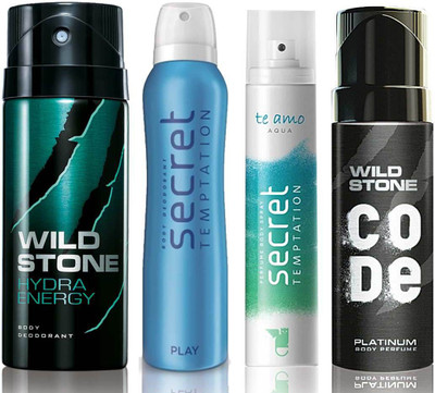 Wild Stone Hydra Energy Deodorant (150 ml), Code Platinum Body Perfume(120 ml) and ST Play Deodorant (150 ml), Te Amo Aqua Body Perfume (120 ml), Pack of 4 Perfume Body Spray - For Men & Women(540 ml, Pack of 4)
Wild Stone Hydra Energy Deodorant (150 ml), Code Platinum Body Perfume(120 ml) and ST Play Deodorant (150 ml), Te Amo Aqua Body Perfume (120 ml), Pack of 4 Perfume Body Spray - For Men & Women(540 ml, Pack of 4)