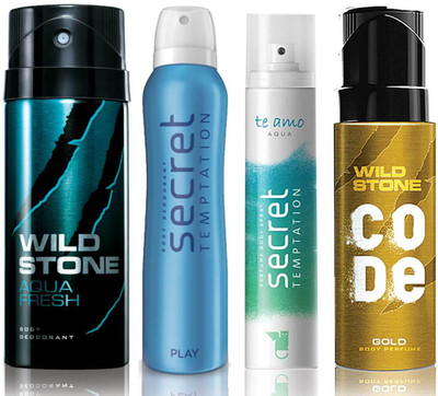 Wild Stone Aqua Fresh Deodorant (150 ml), Code Gold Body Perfume(120 ml) and ST Play Deodorant (150 ml), Te Amo Aqua Body Perfume (120 ml), Pack of 4 Perfume Body Spray - For Men & Women(540 ml, Pack of 4)
Wild Stone Aqua Fresh Deodorant (150 ml), Code Gold Body Perfume(120 ml) and ST Play Deodorant (150 ml), Te Amo Aqua Body Perfume (120 ml), Pack of 4 Perfume Body Spray - For Men & Women(540 ml, Pack of 4)