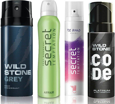 Wild Stone Grey Deodorant (150 ml), Code Platinum Body Perfume(120 ml) and ST Affair Deodorant (150 ml), Te Amo Pearl Body Perfume (120 ml), Pack of 4 Perfume Body Spray - For Men & Women(540 ml, Pack of 4)
Wild Stone Grey Deodorant (150 ml), Code Platinum Body Perfume(120 ml) and ST Affair Deodorant (150 ml), Te Amo Pearl Body Perfume (120 ml), Pack of 4 Perfume Body Spray - For Men & Women(540 ml, Pack of 4)