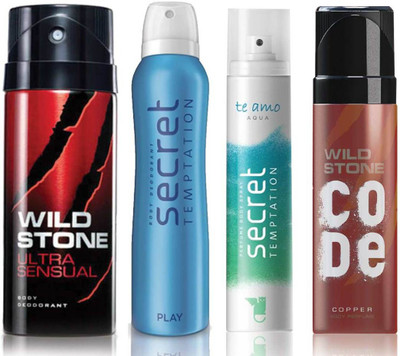 Wild Stone Ultra Sensual Deodorant (150 ml), Code Copper Perfume(120 ml) and ST Play Deodorant (150 ml), Te Amo Aqua Body Perfume (120 ml), Pack of 4 Perfume Body Spray - For Men & Women(540 ml, Pack of 4)
Wild Stone Ultra Sensual Deodorant (150 ml), Code Copper Perfume(120 ml) and ST Play Deodorant (150 ml), Te Amo Aqua Body Perfume (120 ml), Pack of 4 Perfume Body Spray - For Men & Women(540 ml, Pack of 4)