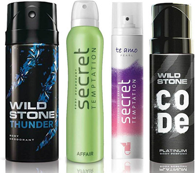 Wild Stone Thunder Deodorant (150 ml), Code Platinum Body Perfume(120 ml) and ST Affair Deodorant (150 ml), Te Amo Pearl Body Perfume (120 ml), Pack of 4 Perfume Body Spray - For Men & Women(540 ml, Pack of 4)
Wild Stone Thunder Deodorant (150 ml), Code Platinum Body Perfume(120 ml) and ST Affair Deodorant (150 ml), Te Amo Pearl Body Perfume (120 ml), Pack of 4 Perfume Body Spray - For Men & Women(540 ml, Pack of 4)