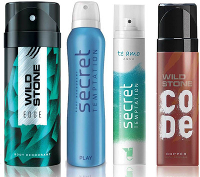 Wild Stone Edge Deodorant (150 ml), Code Copper Perfume(120 ml) and ST Play Deodorant (150 ml), Te Amo Aqua Body Perfume (120 ml), Pack of 4 Perfume Body Spray - For Men & Women(540 ml, Pack of 4)
Wild Stone Edge Deodorant (150 ml), Code Copper Perfume(120 ml) and ST Play Deodorant (150 ml), Te Amo Aqua Body Perfume (120 ml), Pack of 4 Perfume Body Spray - For Men & Women(540 ml, Pack of 4)