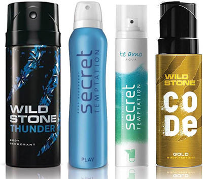 Wild Stone Thunder Deodorant (150 ml), Code Gold Body Perfume(120 ml) and ST Play Deodorant (150 ml), Te Amo Aqua Body Perfume (120 ml), Pack of 4 Perfume Body Spray - For Men & Women(540 ml, Pack of 4)
Wild Stone Thunder Deodorant (150 ml), Code Gold Body Perfume(120 ml) and ST Play Deodorant (150 ml), Te Amo Aqua Body Perfume (120 ml), Pack of 4 Perfume Body Spray - For Men & Women(540 ml, Pack of 4)