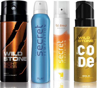 Wild Stone Night Rider Deodorant (150 ml), Code Gold Body Perfume(120 ml) and ST Play Deodorant (150 ml), Te Amo Breeze Body Perfume (120 ml), Pack of 4 Perfume Body Spray - For Men & Women(540 ml, Pack of 4)
Wild Stone Night Rider Deodorant (150 ml), Code Gold Body Perfume(120 ml) and ST Play Deodorant (150 ml), Te Amo Breeze Body Perfume (120 ml), Pack of 4 Perfume Body Spray - For Men & Women(540 ml, Pack of 4)