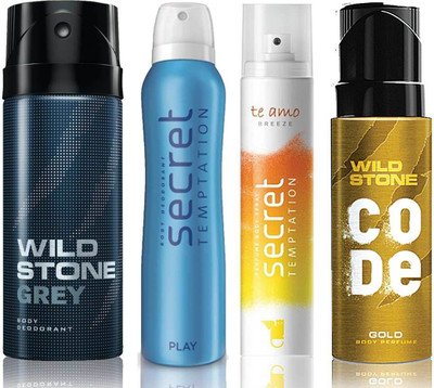 Wild Stone Grey Deodorant (150 ml), Code Gold Body Perfume(120 ml) and ST Play Deodorant (150 ml), Te Amo Breeze Body Perfume (120 ml), Pack of 4 Perfume Body Spray - For Men & Women(540 ml, Pack of 4)
Wild Stone Grey Deodorant (150 ml), Code Gold Body Perfume(120 ml) and ST Play Deodorant (150 ml), Te Amo Breeze Body Perfume (120 ml), Pack of 4 Perfume Body Spray - For Men & Women(540 ml, Pack of 4)