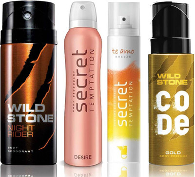 Wild Stone Night Rider Deodorant (150 ml), Code Gold Body Perfume(120 ml) and ST Desire Deodorant (150 ml), Te Amo Breeze Body Perfume (120 ml), Pack of 4 Perfume Body Spray - For Men & Women(540 ml, Pack of 4)
Wild Stone Night Rider Deodorant (150 ml), Code Gold Body Perfume(120 ml) and ST Desire Deodorant (150 ml), Te Amo Breeze Body Perfume (120 ml), Pack of 4 Perfume Body Spray - For Men & Women(540 ml, Pack of 4)