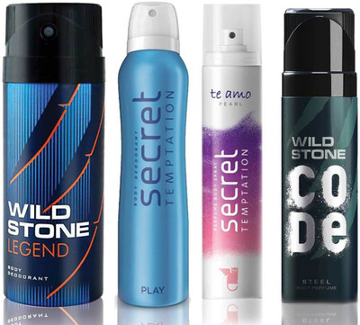 Wild Stone Legend Deodorant (150 ml), Code Steel Body Perfume(120 ml) and ST Play Deodorant (150 ml), Te Amo Pearl Body Perfume (120 ml), Pack of 4 Perfume Body Spray - For Men & Women(540 ml, Pack of 4)
Wild Stone Legend Deodorant (150 ml), Code Steel Body Perfume(120 ml) and ST Play Deodorant (150 ml), Te Amo Pearl Body Perfume (120 ml), Pack of 4 Perfume Body Spray - For Men & Women(540 ml, Pack of 4)