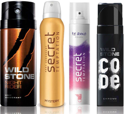 Wild Stone Night Rider Deodorant (150 ml), Code Chrome Body Perfume(120 ml) and ST Mystery Deodorant (150 ml), Te Amo Pearl Body Perfume (120 ml), Pack of 4 Perfume Body Spray - For Men & Women(540 ml, Pack of 4)
Wild Stone Night Rider Deodorant (150 ml), Code Chrome Body Perfume(120 ml) and ST Mystery Deodorant (150 ml), Te Amo Pearl Body Perfume (120 ml), Pack of 4 Perfume Body Spray - For Men & Women(540 ml, Pack of 4)