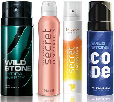 Wild Stone Hydra Energy Deodorant (150 ml), Code Titanium Body Perfume(120 ml) and ST Desire Deodorant (150 ml), Te Amo Breeze Body Perfume (120 ml), Pack of 4 Perfume Body Spray - For Men & Women(540 ml, Pack of 4)
Wild Stone Hydra Energy Deodorant (150 ml), Code Titanium Body Perfume(120 ml) and ST Desire Deodorant (150 ml), Te Amo Breeze Body Perfume (120 ml), Pack of 4 Perfume Body Spray - For Men & Women(540 ml, Pack of 4)