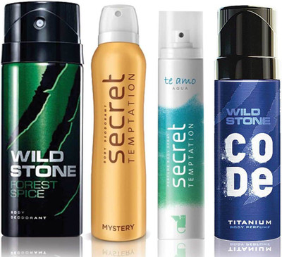 Wild Stone Forest Spice Deodorant (150 ml), Code Titanium Body Perfume(120 ml) and ST Mystery Deodorant (150 ml), Te Amo Aqua Body Perfume (120 ml), Pack of 4 Perfume Body Spray - For Men & Women(540 ml, Pack of 4)
Wild Stone Forest Spice Deodorant (150 ml), Code Titanium Body Perfume(120 ml) and ST Mystery Deodorant (150 ml), Te Amo Aqua Body Perfume (120 ml), Pack of 4 Perfume Body Spray - For Men & Women(540 ml, Pack of 4)