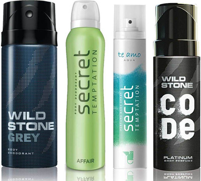 Wild Stone Grey Deodorant (150 ml), Code Platinum Body Perfume(120 ml) and ST Affair Deodorant (150 ml), Te Amo Aqua Body Perfume (120 ml), Pack of 4 Perfume Body Spray - For Men & Women(540 ml, Pack of 4)
Wild Stone Grey Deodorant (150 ml), Code Platinum Body Perfume(120 ml) and ST Affair Deodorant (150 ml), Te Amo Aqua Body Perfume (120 ml), Pack of 4 Perfume Body Spray - For Men & Women(540 ml, Pack of 4)